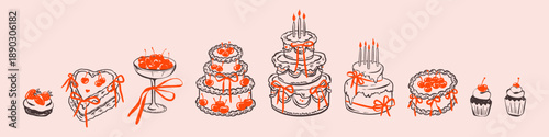 Set of hand drawn doodle whimsical cakes with chocolate frosting for birthday, bachelorette party celebration, wedding, romantic love Valentines day. Pastel graphic element for greeting card, print