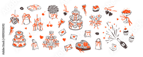 Set of hand drawn doodle crayon happy birthday, wedding invitation, bachelorette party, Valentines day card design elements. Whimsical coquette cherry cake, champagne tower, heart disco ball