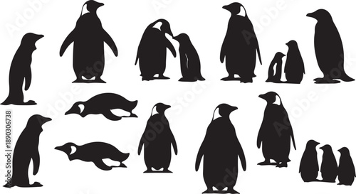 Set of Penguin Silhouettes in Various Poses and Groupings, Vector Isolated on White Background