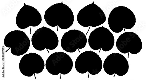 A collection of stylized black leaf silhouettes arranged in a dense, overlapping pattern.