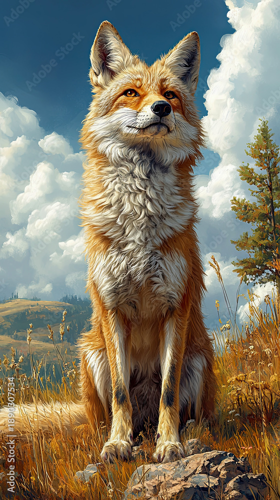 Naklejka premium Majestic red fox sits proudly on rocky outcrop, its fur vibrant mix of orange, white, and black, gazing upwards into sky filled with fluffy white clouds and hints of rolling hills in background, captu