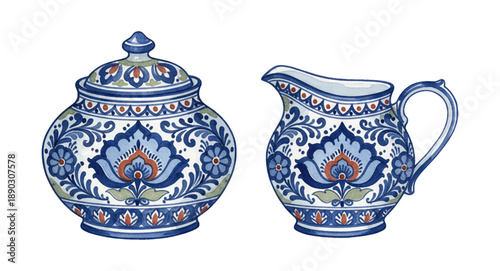 Traditional blue and white ceramic sugar bowl and creamer set with folk floral patterns watercolor