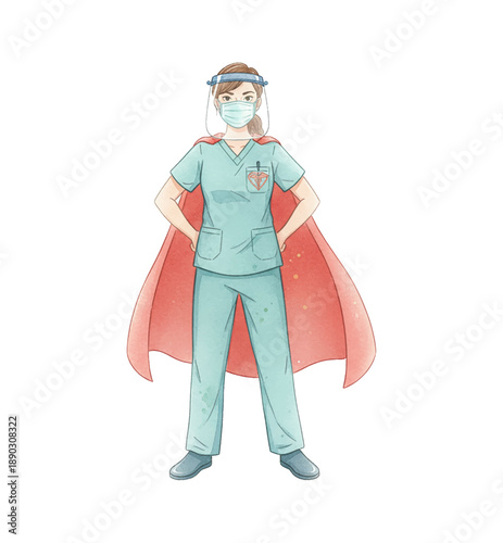 Confident Caucasian female nurse superhero wearing medical mask and face shield scrubs with a red cape standing heroically in front of a city background