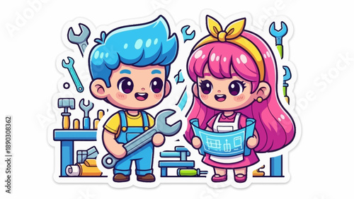 Cute 3D sticker of boy and girl cooperating in a workshop surrounded by tools and machinery from a frontal viewpoint