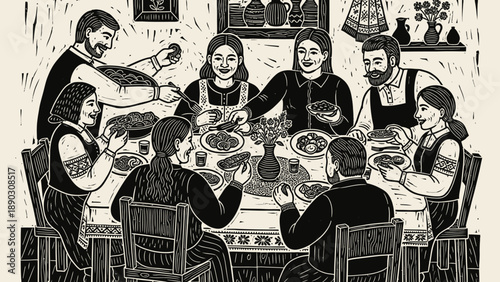 Illustration of people gathering around a dinner table, enjoying a meal together with friends and family