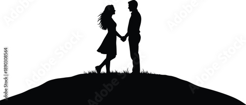 Romantic couple silhouette holding hands on hilltop, man and woman love scene black vector illustration isolated on white background