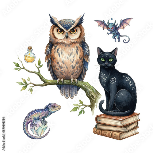 Enchanting watercolor illustration featuring a wise owl a sleek black cat and a mystical lizard with an imp