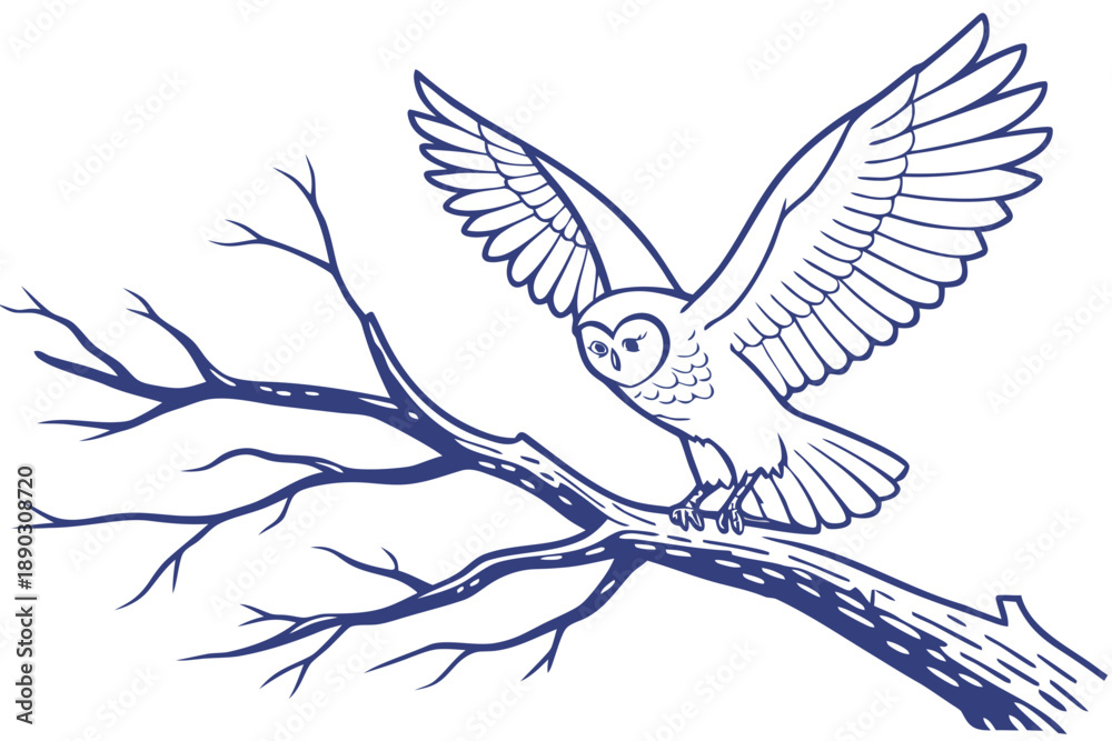 Obraz premium An owl with its wings spread takes flight from a tree branch in a stylized blue ink drawing.
