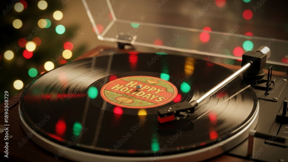 Obraz premium Vintage record player with 'Happy Holidays' vinyl and Christmas lights 