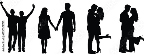 People and couple silhouettes collection showing friendship love celebration and romance black vector illustrations isolated on white background stock design