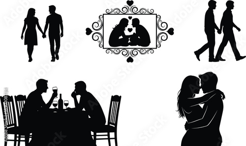 Romantic couple silhouettes collection showing walking dating dining embracing love scenes black vector illustrations isolated on white background for stock