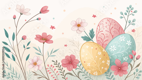 Easter eggs in colorful floral garden with spring flowers blooming