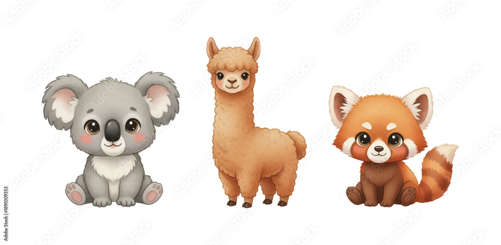 Fototapeta premium Cute adorable koala alpaca and red panda characters standing and sitting together looking friendly