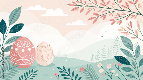 Easter eggs in a serene natural setting with flowers and leaves