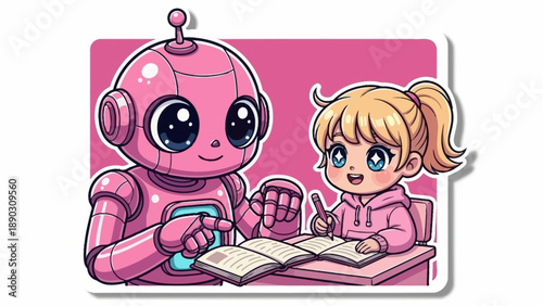 A cute 3d sticker of a robot and girl studying together at a desk viewed from the front