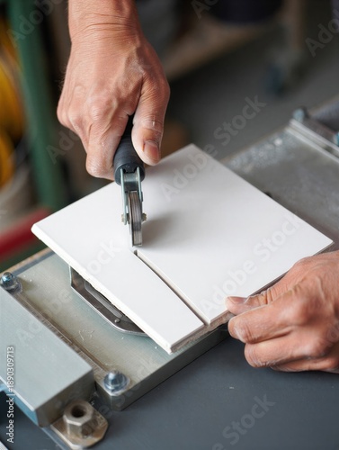 Wallpaper Mural A person using a manual tile cutter to score a ceramic tile in a workshop. Precision tile cutting process. Torontodigital.ca
