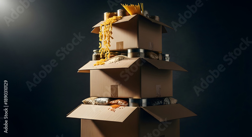 A vertical stack of three cardboard boxes overflowing with pasta, rice, and lentils.