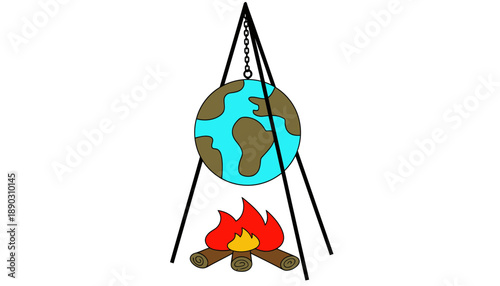 A cartoon globe suspended over a campfire in a tripod