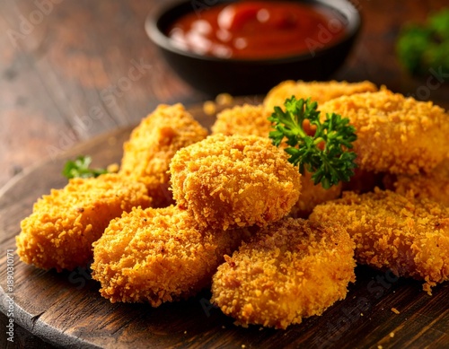 Fotografía Chicken nuggets with parsley garnish and tomato dipping sauce