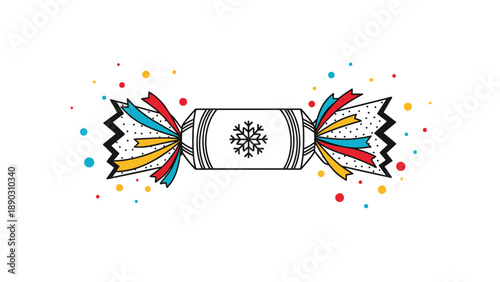 holiday cracker or candy illustration decorated with a snowflake and colorful ribbons surrounded by festive confetti and dots.