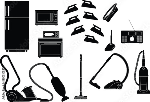 Household appliance silhouettes set featuring vacuum cleaners, refrigerator, microwave, oven and cleaning tools, home electronics and domestic equipment icons isolated on white background