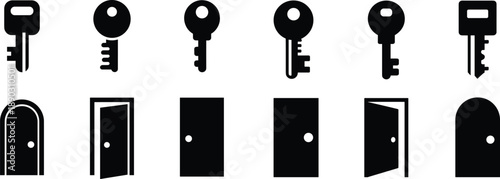 Key and door silhouettes set featuring security symbols, locks and entrances, access control icons for safety, privacy and home protection isolated on white background illustration