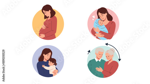 series of four circular illustrations depicting various stages of family life from pregnancy and infancy to childhood and old age.