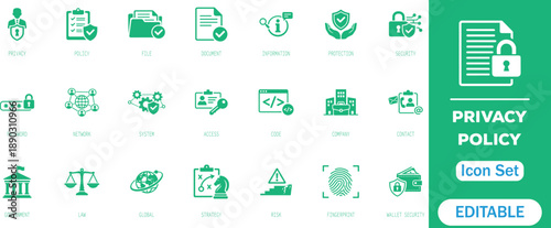 Privacy policy icon set. featuring data protection, security, compliance, user rights, GDPR, cyber law, confidentiality, encryption, and secure authentication. perfect flat icon collection.