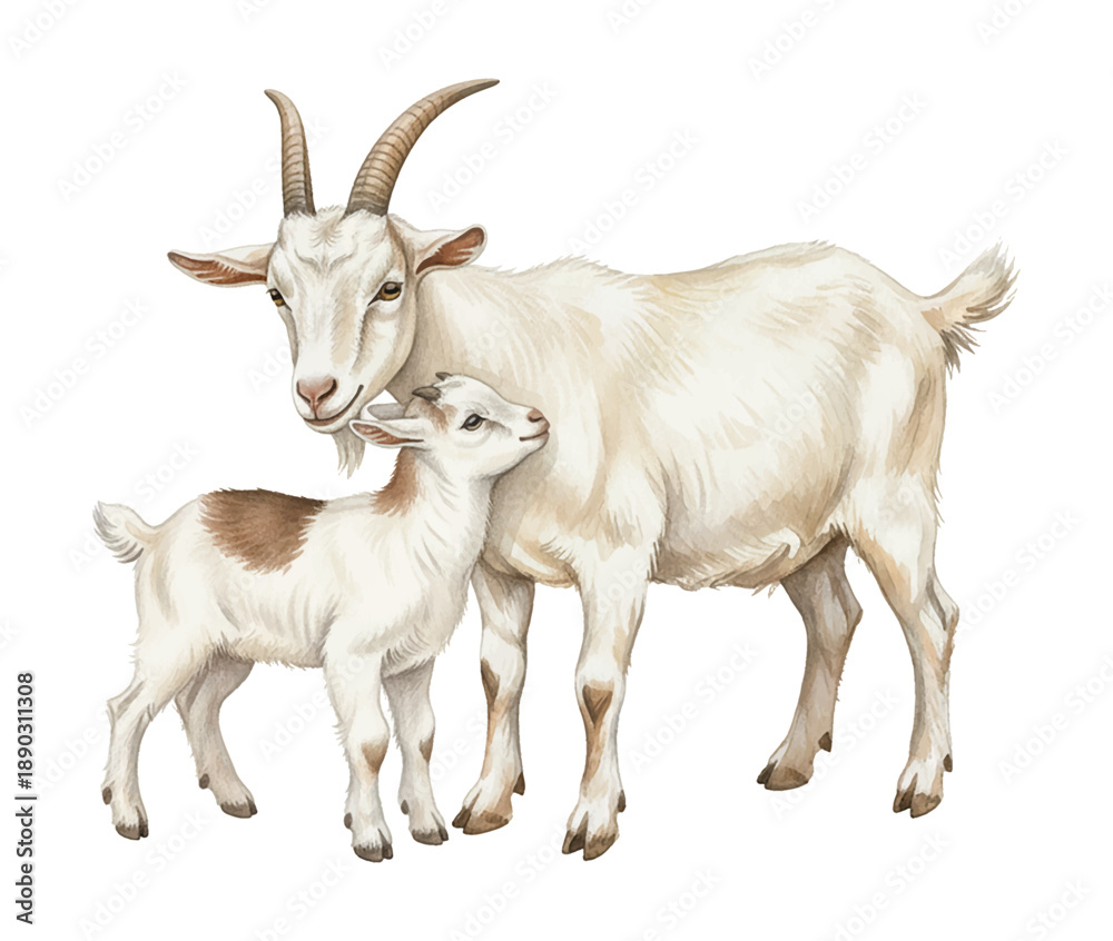 Fototapeta premium Sweet Mother Goat and Adorable Baby Kid Standing Close Together in a Loving Affectionate Pose Realistic Detailed Illustration