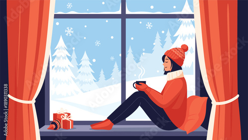 Cozy woman in a red sweater and hat drinks tea by a window looking out at a peaceful snowy forest on a cold winter day.