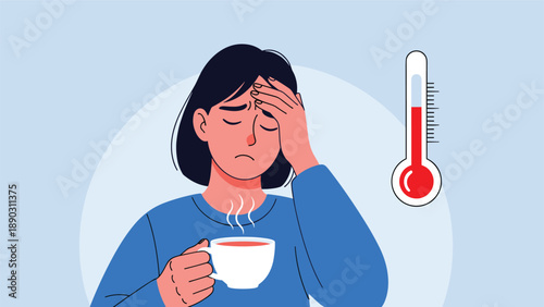 Sick woman with a high fever holds a cup of hot tea while a thermometer shows a rising temperature for medical health themes.