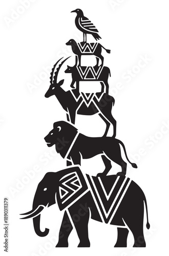 Wallpaper Mural Animals stacked tower with elephant lion goat and bird on top in black and white Torontodigital.ca