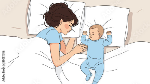 Young mother and her baby sleep peacefully together in a comfortable bed under a warm white blanket during a quiet nap.