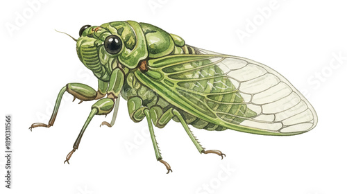 Detailed green cicada insect with translucent wings realistic illustration on white background
