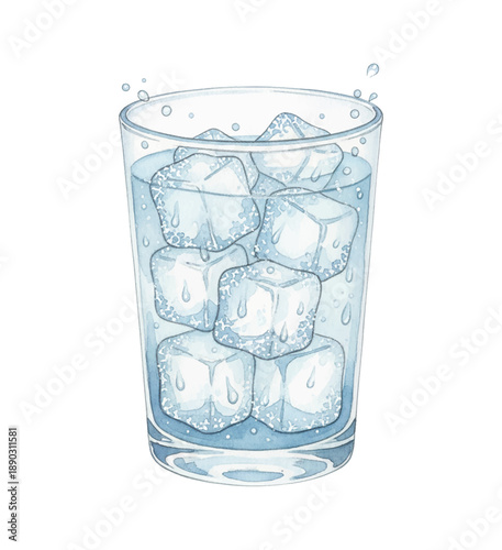 A clear glass filled with refreshing cold water and multiple melting ice cubes showing condensation droplets