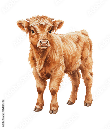 Cute brown furry calf standing calmly looking forward in a detailed watercolor illustration