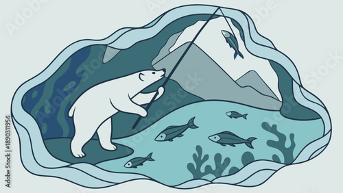 Polar bear fishing under translucent ice with fish and mountain background