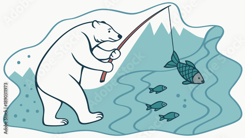 Polar bear fishing under translucent ice with a fishing rod and hook catching a large fish in a scenic arctic mountain landscape