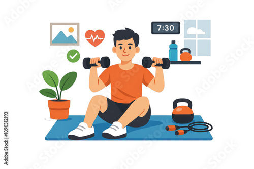 Man Doing Home Workout with Dumbbells: Fitness, Exercise, and Healthy Lifestyle.