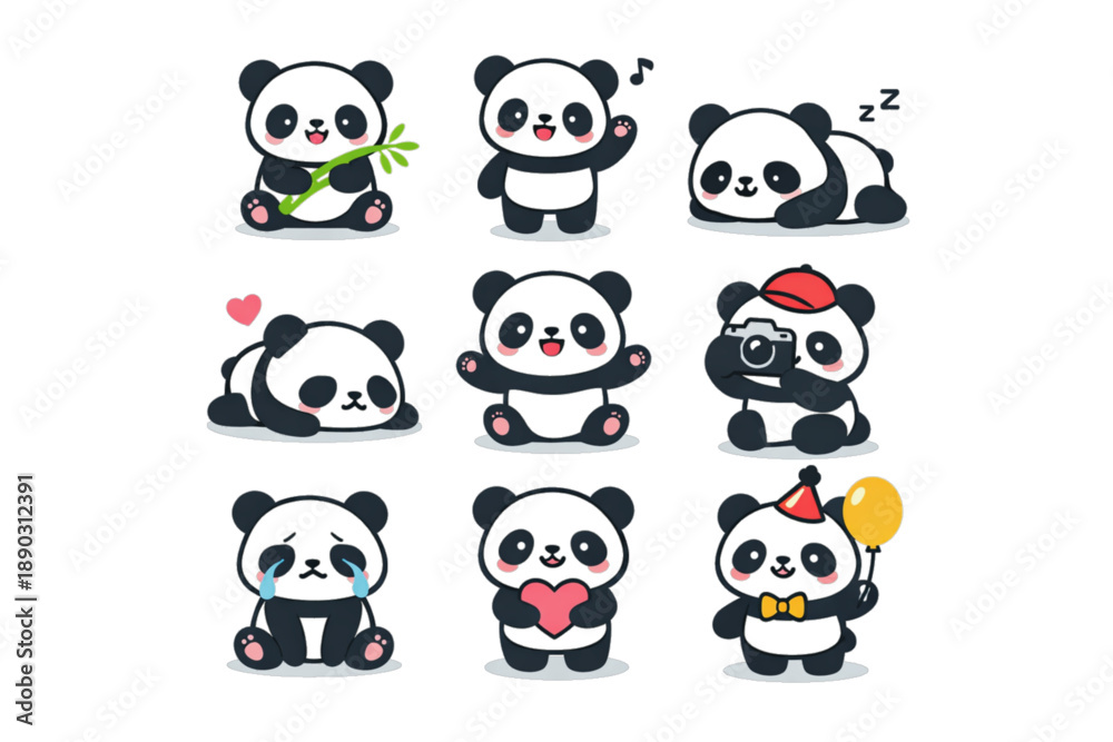 Naklejka premium Collection of cute cartoon pandas in various adorable poses and activities