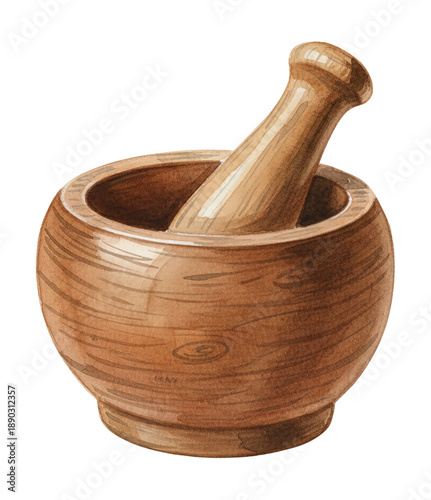 Wooden Mortar and Pestle Kitchen Tool for Grinding Spices and Herbs Isolated White Background