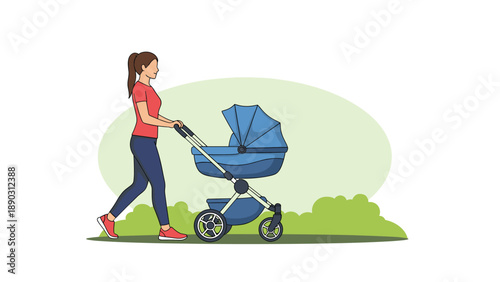 Young woman wearing casual sportswear pushing a modern blue baby stroller through a park with green bushes and a light background.