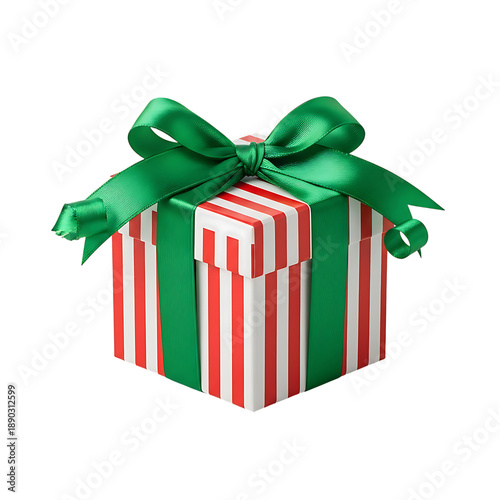 Red and White Striped Gift Box with Green Ribbon present isolated on Transparent Background