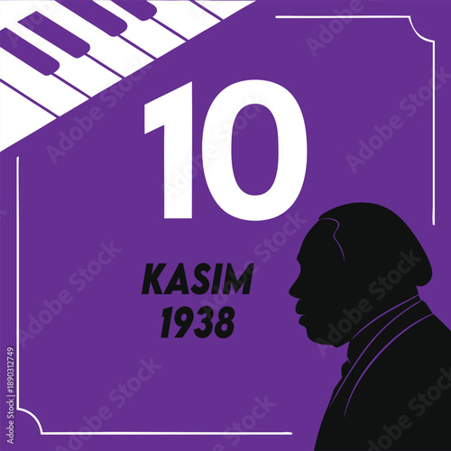 illustration of man silhouette with piano keys and text on purple background