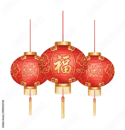 Three vibrant red and gold Chinese lanterns with good fortune character and floral patterns