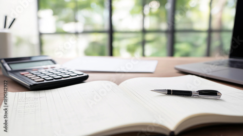 Wallpaper Mural Organized Work Environment, Prepared Workspace With Tools Organized, Tidy Desk Featuring Calculator And Planning Documents, Calm And Orderly Setting With Financial Planning Materials Present Torontodigital.ca
