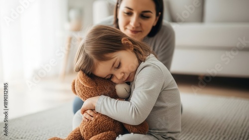 Child embracing teddy bear with parent at home for comfort and love