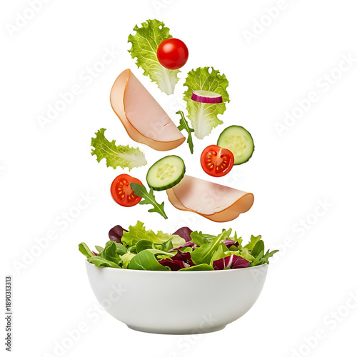 Salad Ingredients Levitating Above Bowl (13) isolated on Transparent Background