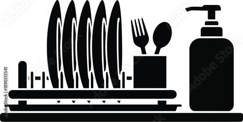 Dish drying rack frame to hold plates, cups, and utensils vertically or in compartments so they can air dry after being washed with a sponge and a bottle of soap. 