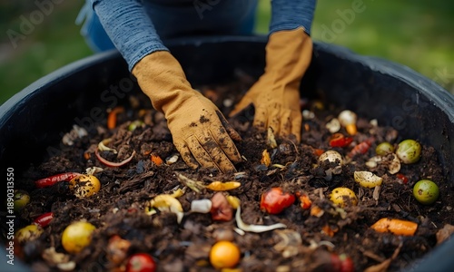 Wallpaper Mural Hands in gardening gloves mixing compost in a bin organic waste recycling for sustainable gardening and eco-friendly lifestyle Torontodigital.ca